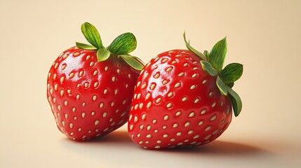 Wall Mural - Two red strawberries with green leaves on top