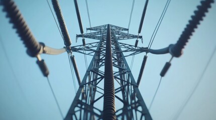 Aufkleber - A high-resolution close-up of a power transmission tower, focusing on the metal framework and insulators, with power lines stretching into the horizon.