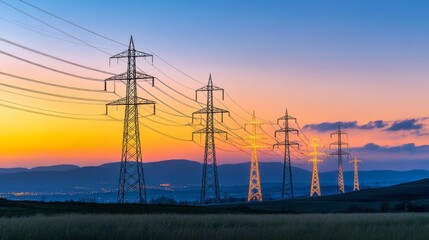 Wall Mural - A high-resolution shot of multiple electricity transmission towers lined up in a row, emphasizing their scale and the extensive network of power lines.