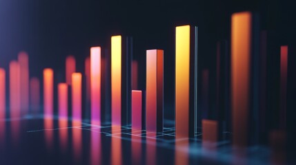 A sleek 3D bar graph with glossy columns of different heights, set against a dark background, emphasizing data visualization in finance and business.