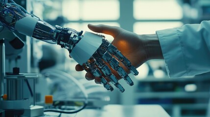 Poster - In a research lab, a human and robot hand shaking, symbolizing the success of AI development and cooperation in tech innovation.