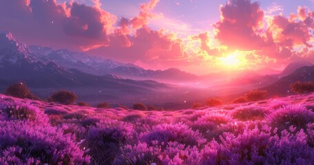 Wall Mural - Enchanted Landscape, Purple Flowers at Sunset