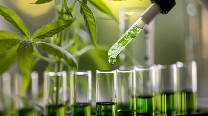 Scientist adds liquid to test tube in CBD extraction lab with cannabis plant background, showcasing research on CBD oil.