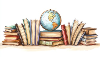 Watercolor illustration of a stack of old books with a globe on top