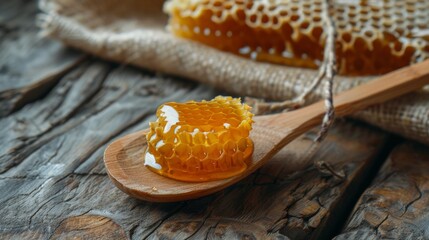 Close-up of golden honeycomb on a spoon, with more on a wooden table covered in rustic cloth. Reflects abundance, vitality, and natural richness.