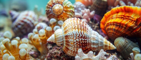 A vibrant underwater scene with tropical shells in various colors and sizes, set against a coral reef backdrop. Dynamic and diverse marine atmosphere.