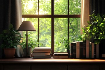 Sticker - Workplace home library wooden table, books and desk lamp near window nature background