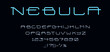 © Vector Tradition - Digital display font, tech type alphabet letters and numbers modern typography set. Vector future technology techno typeface, computer screen typo of english abc with wide neon blue characters
