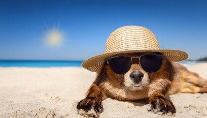 Canvas Print - relaxing animal with sun hat and sunglasses on beach