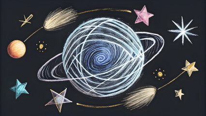 Wall Mural - Colorful planets and comets swirl amidst sparkling stars in this captivating chalk art illustration. Whimsical space scene with chalk-drawn planets, comets, and stars, ideal for children's education o