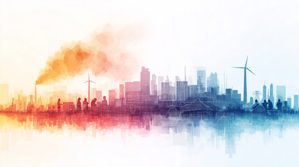 Wall Mural - A city skyline with a large red smokestack in the foreground