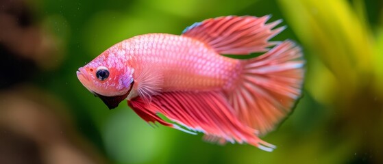 Canvas Print -  A red and white fish, tightly framed, swims near green plants in the background The scene's depth is suggested by a blurry background