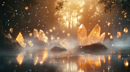 Wall Mural - Mystic shards of crystal floating above a misty, enchanted lake, with soft, glowing light creating a magical effect.