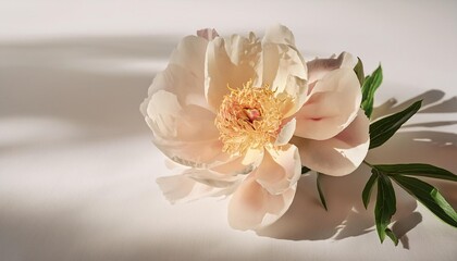 Wall Mural - delicate beige peony flower with sunlight shadows on neutral white background