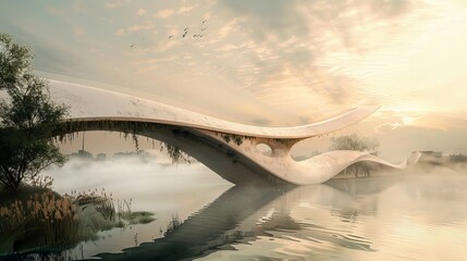 Poster - Draw a conceptual design for a futuristic bridge, highlighting its innovative structure, materials, and integration with the landscape.