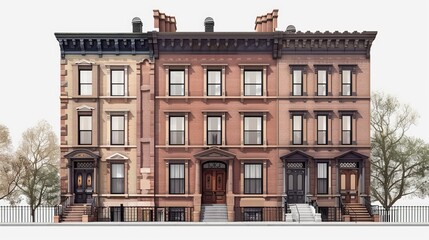 Sticker - Draw a detailed elevation of a historic brownstone building, highlighting its brick facade, ornate cornices, and classic urban charm