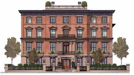 Sticker - Draw a detailed elevation of a historic brownstone building, highlighting its brick facade, ornate cornices, and classic urban charm