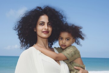 Poster - Indian mom piggyback baby on a beach photography portrait outdoors.