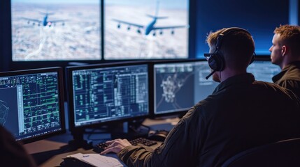 Poster - Air route strategy: Technicians analyzing data on multiple screens to determine the most efficient air logistics routes.