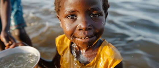  A young boy stands in a body of water, holding a frisbee and smiling