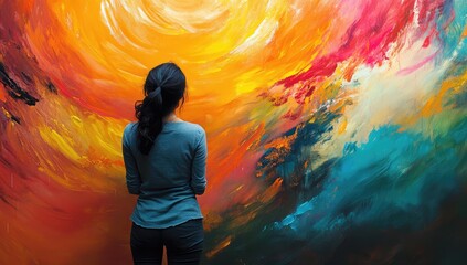 Sticker - Woman stands before colorful abstract painting.