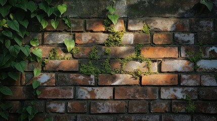 Old brick wall partially covered with lush green vines and moss, illuminated by warm sunlight creating a natural, rustic scene.