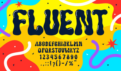 Poster - Liquid groovy type, psychedelic y2k font, hippie bubble typeface, english alphabet letters and numbers on color blob pattern vector background. Psychedelic liquid bubble font, y2k abc characters font