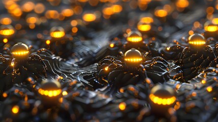 Poster - A mesmerizing scene showing multiple nanobots working together in a coordinated swarm, mimicking the behavior of insects, with glowing patterns and intricate movements