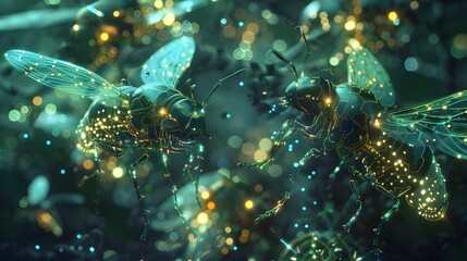 Poster - A mesmerizing scene showing multiple nanobots working together in a coordinated swarm, mimicking the behavior of insects, with glowing patterns and intricate movements