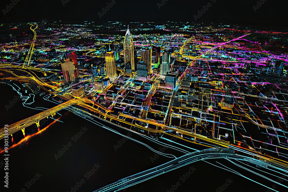 Technical aerial visual, 3D LiDAR GIS aerial map satellite scan model ...
