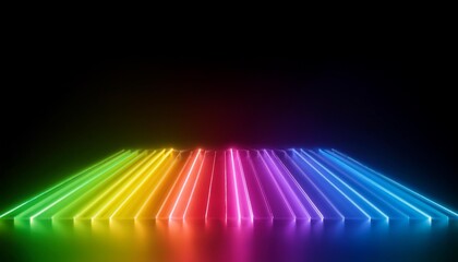 Wall Mural - glowing spectrum rainbow light gradient with reflective floor on black dark background