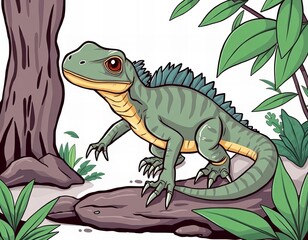 cartoon lizard in the jungle with a tree and rocks.