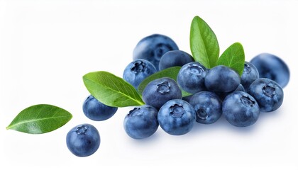 falling in a bunch of blueberry berries and leaves on a white isolated background