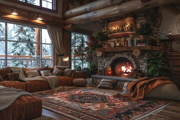 Mountain Cabin Living Room with log furniture, stone fireplace, cozy blankets, and a rustic, mountain retreat vibe. Mountain cabin home decor.