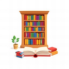 Wall Mural - bookshelf with books and plant on white background.