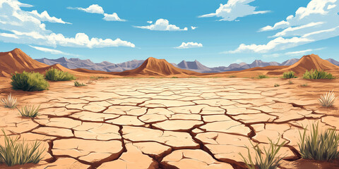 Wall Mural - Cracked, dry lakebed stretching for miles, bordered by distant hills and sparse desert plants, flat illustration