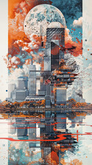 Surreal cityscape merging reality and fantasy. Towering skyscrapers blend with cosmic elements, vibrant colors, and abstract shapes. Reflections and floating structures create a dreamlike urban landsc