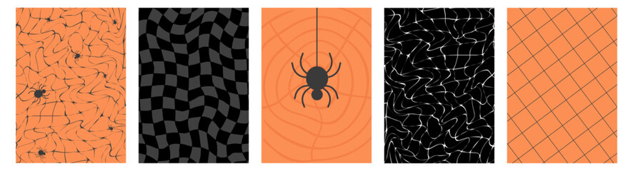 Poster - Halloween backgrounds, cards with grids and spider webs, spooky decorative paper covers. Vector illustration, backdrop set.