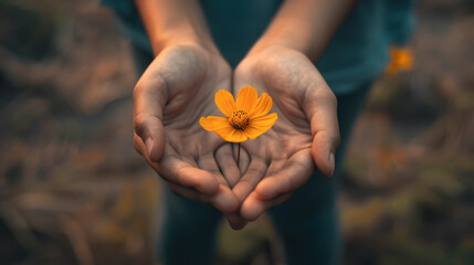 Wall Mural - A person is holding a white flower in their hands