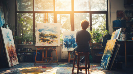 Person enthusiastically painting in a sunlit art studio, surrounded by canvases and paint splashes, creative chaos, no hands shown, inspiring atmosphere