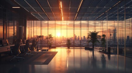 Wall Mural - Office Interior with Sunset View and Empty Chairs