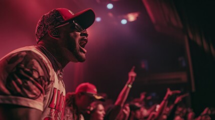 Poster - A performer passionately engages the audience, singing and gesturing as fans cheer and raise their hands in excitement during the concert.