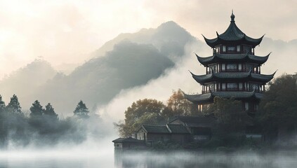 Wall Mural - Foggy morning, Chinese temple, misty mountains.