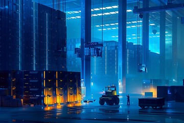 Poster - A Futuristic Warehouse with a Forklift and Workers.