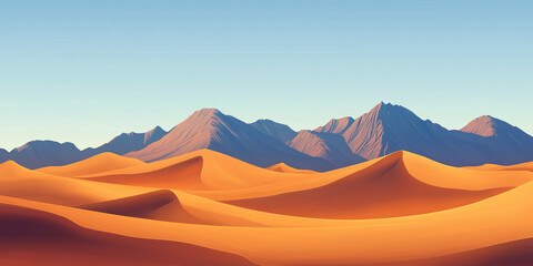 Wall Mural - Broad scene capturing undulating sand dunes, distant mountain ranges, and a flat horizon line, flat illustration