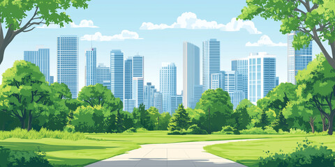 City park surrounded by tall buildings, with pathways leading through the landscaped area, flat illustration