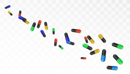 Capsules of two parts of tablets are scattered in a chaotic order. Vector for pharmaceutical design and industry.