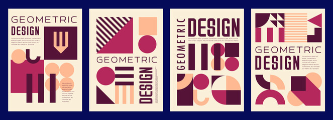 Aufkleber - Poster templates, abstract modern geometric pattern vector backgrounds set. Purple pink circle, triangle and square shapes, lines and arches minimalist art mosaic for trendy geometric poster templates
