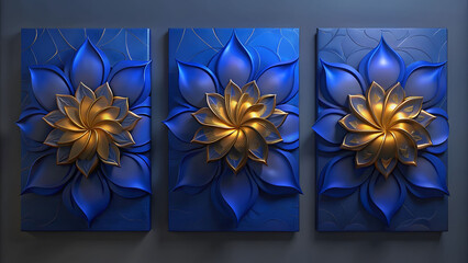 Produce a set of three modern 3D floral wall art panels in blue and gold colors.