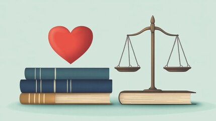 A symbolic representation of law and love, featuring books and a scale, perfect for themes of justice and compassion.